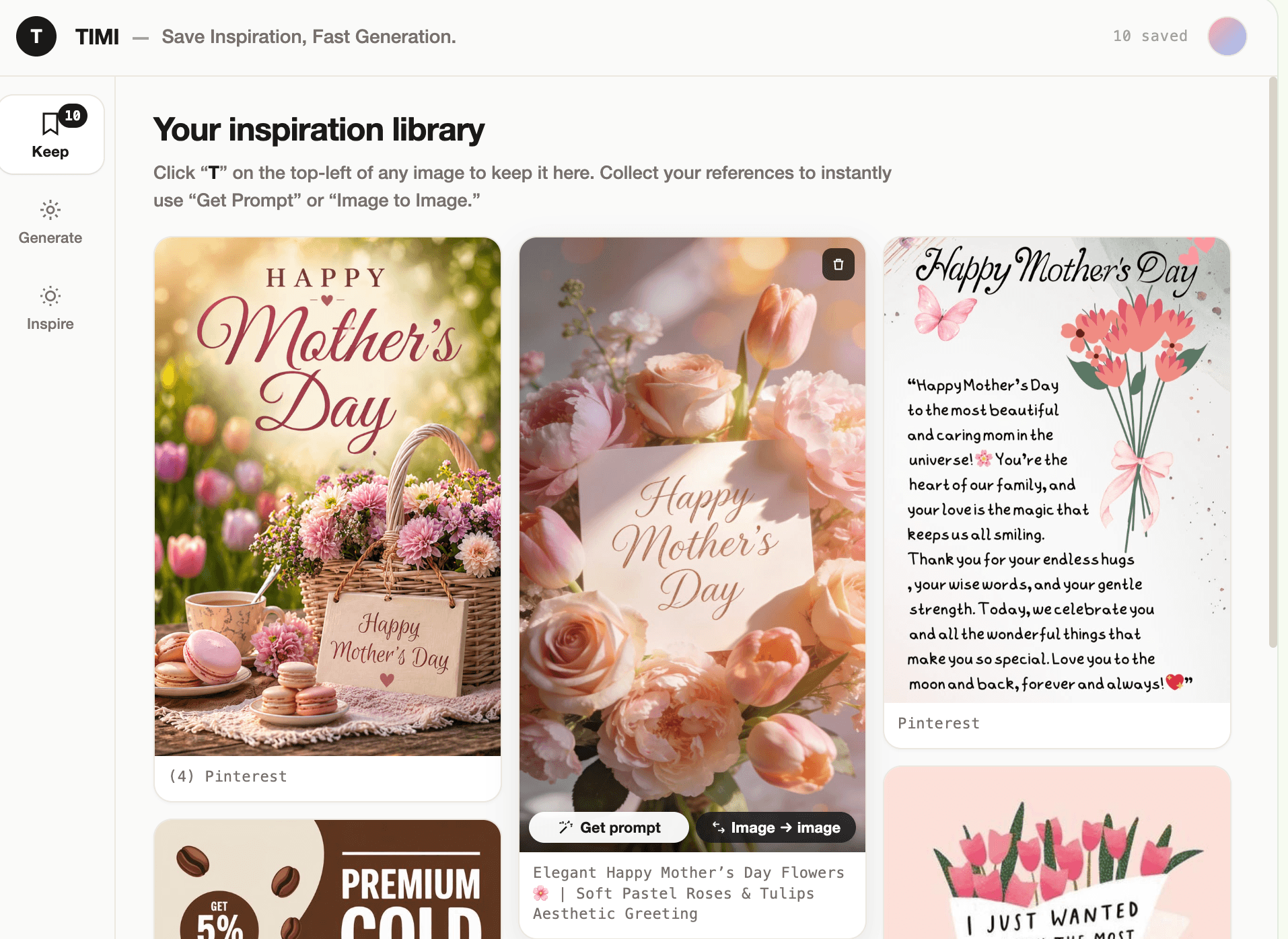 Chrome extension Keep tab with hover overlay showing Get prompt and Image to image action buttons.