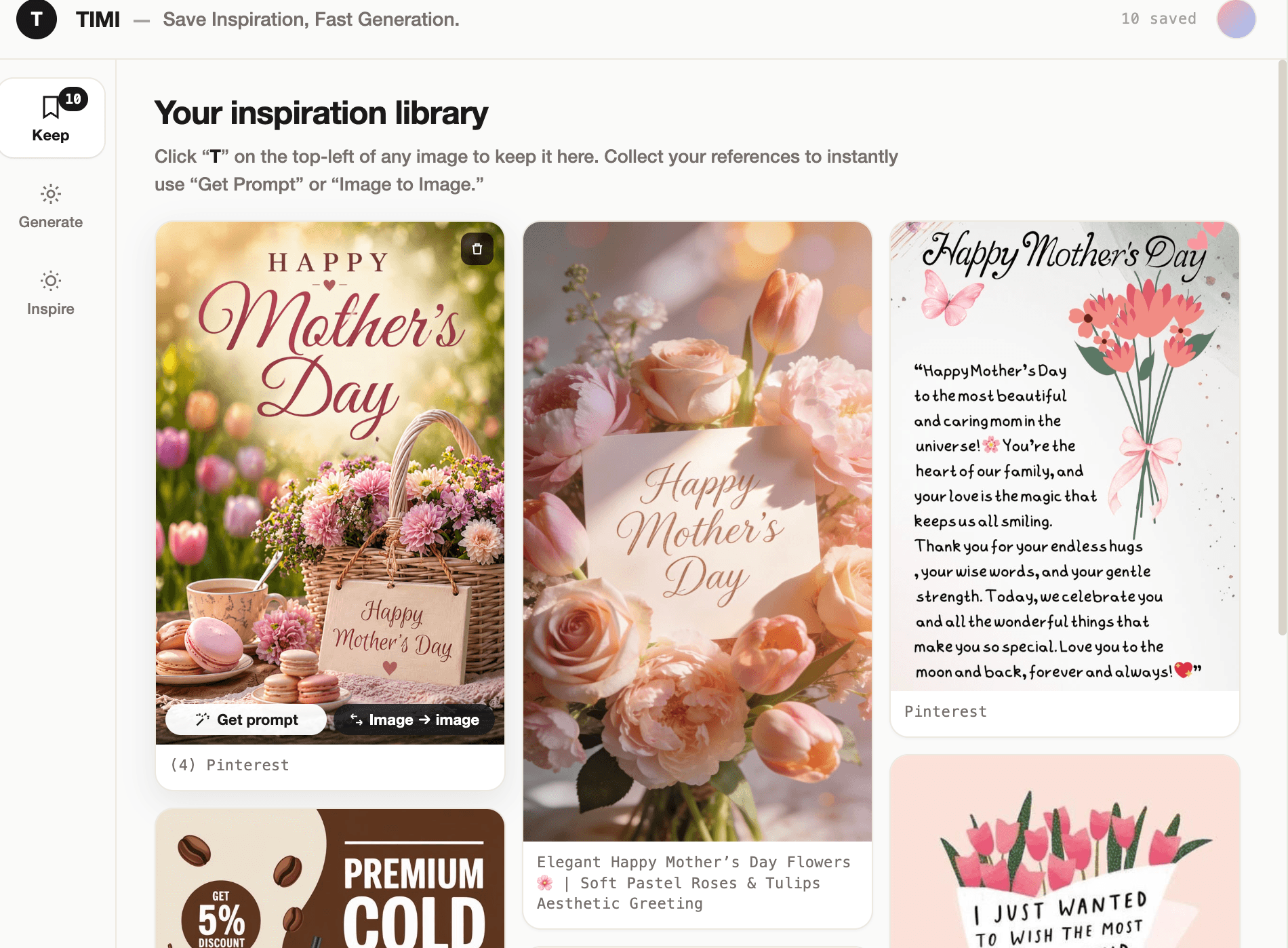 Chrome extension Keep tab showing a masonry library of saved Pinterest, Behance and Xiaohongshu inspiration images.