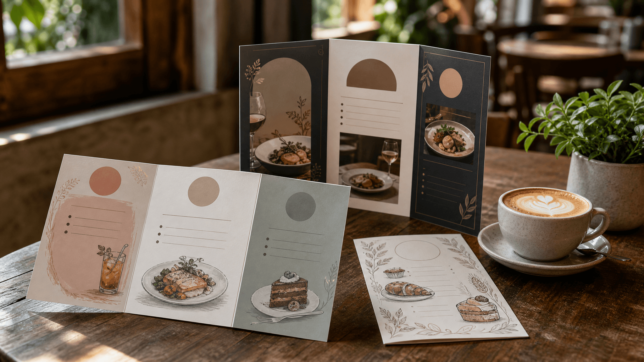 AI restaurant menu card maker — bifold, trifold, and bakery menus with QR codes